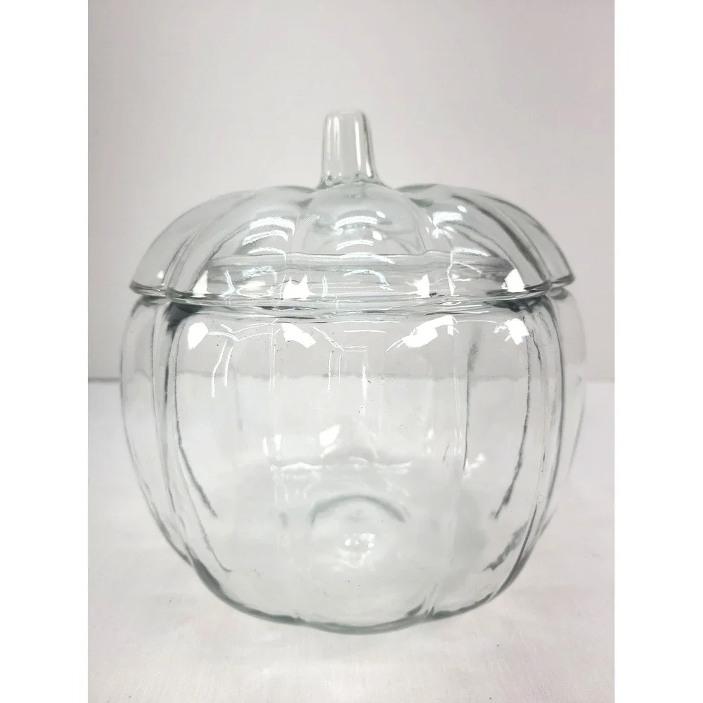 Anchor Hocking Pumpkin Jar Candy Cookie Clear Glass with Lid Vintage